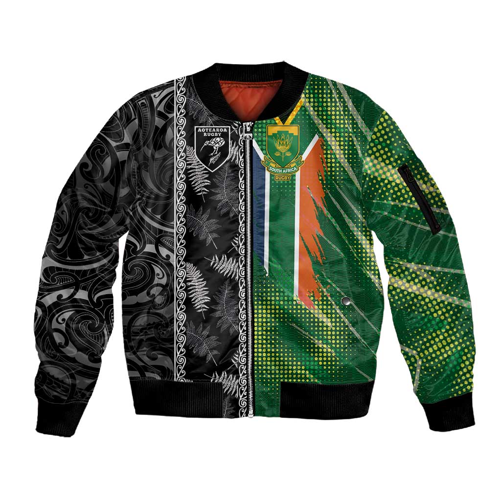 Custom Aotearoa South Africa Rugby Freedom Cup Sleeve Zip Bomber Jacket Maori Silver Fern Art and Sporty Flag SA - African Pride