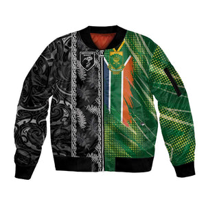 Custom Aotearoa South Africa Rugby Freedom Cup Sleeve Zip Bomber Jacket Maori Silver Fern Art and Sporty Flag SA - African Pride