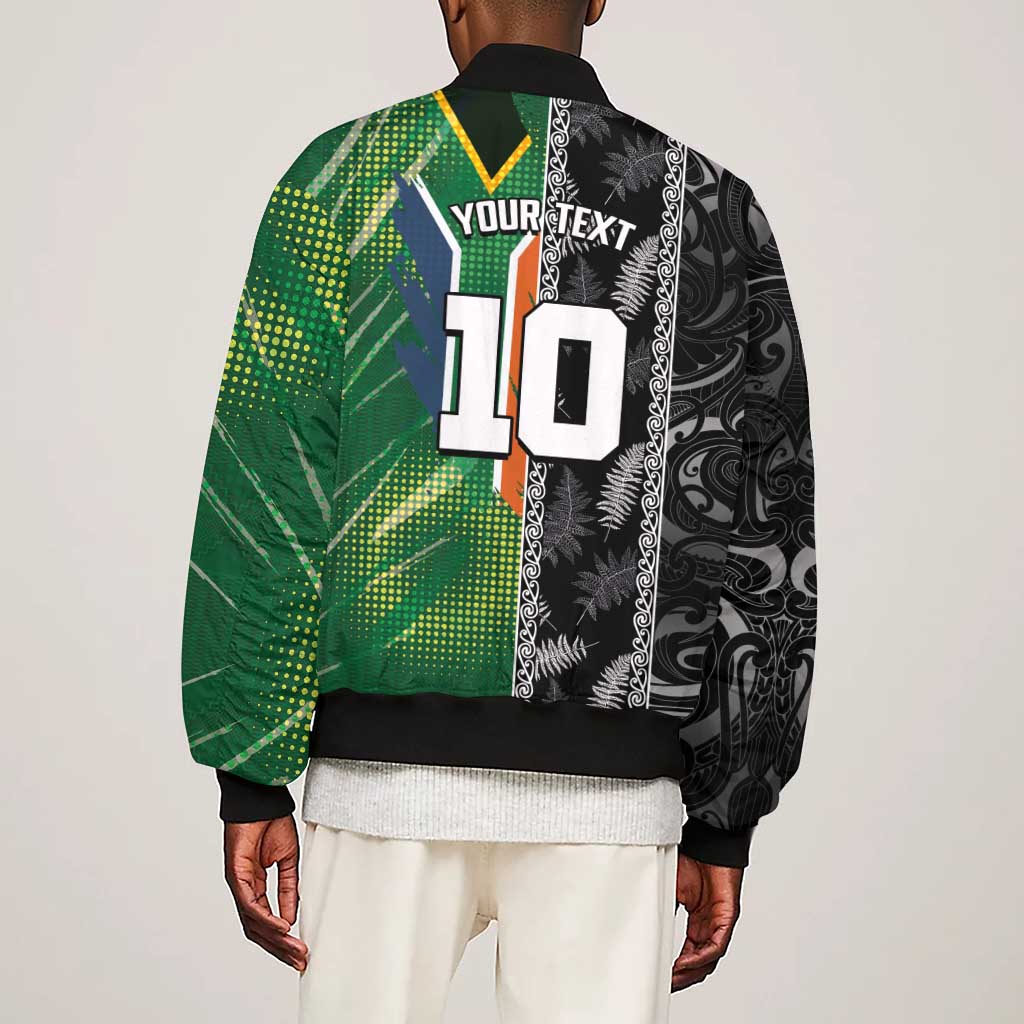 Custom Aotearoa South Africa Rugby Freedom Cup Sleeve Zip Bomber Jacket Maori Silver Fern Art and Sporty Flag SA - African Pride