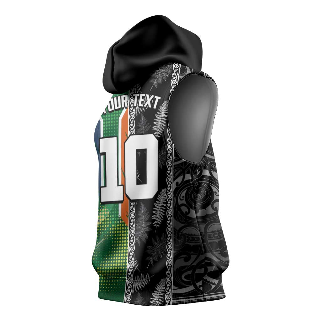 Custom Aotearoa South Africa Rugby Freedom Cup Sleeveless Hoodie Maori Silver Fern Art and Sporty Flag SA - African Pride