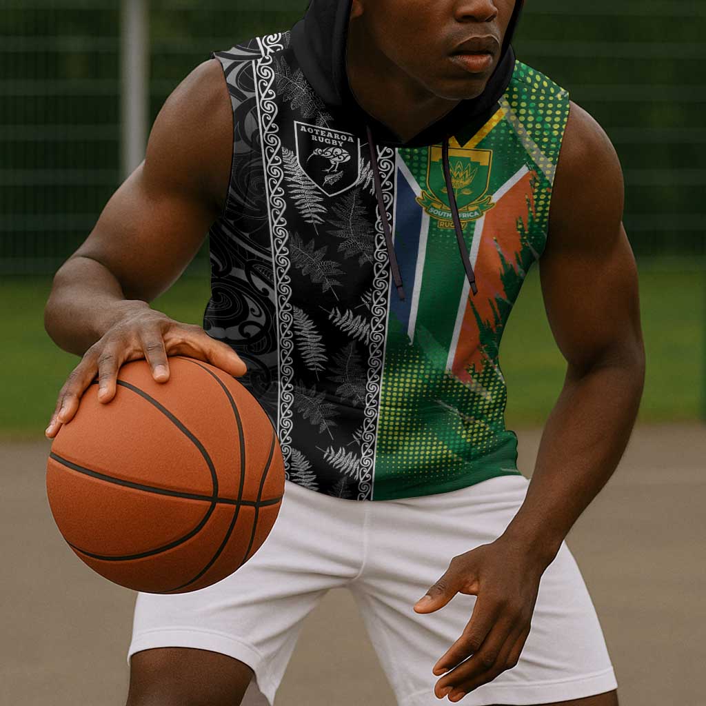 Custom Aotearoa South Africa Rugby Freedom Cup Sleeveless Hoodie Maori Silver Fern Art and Sporty Flag SA - African Pride