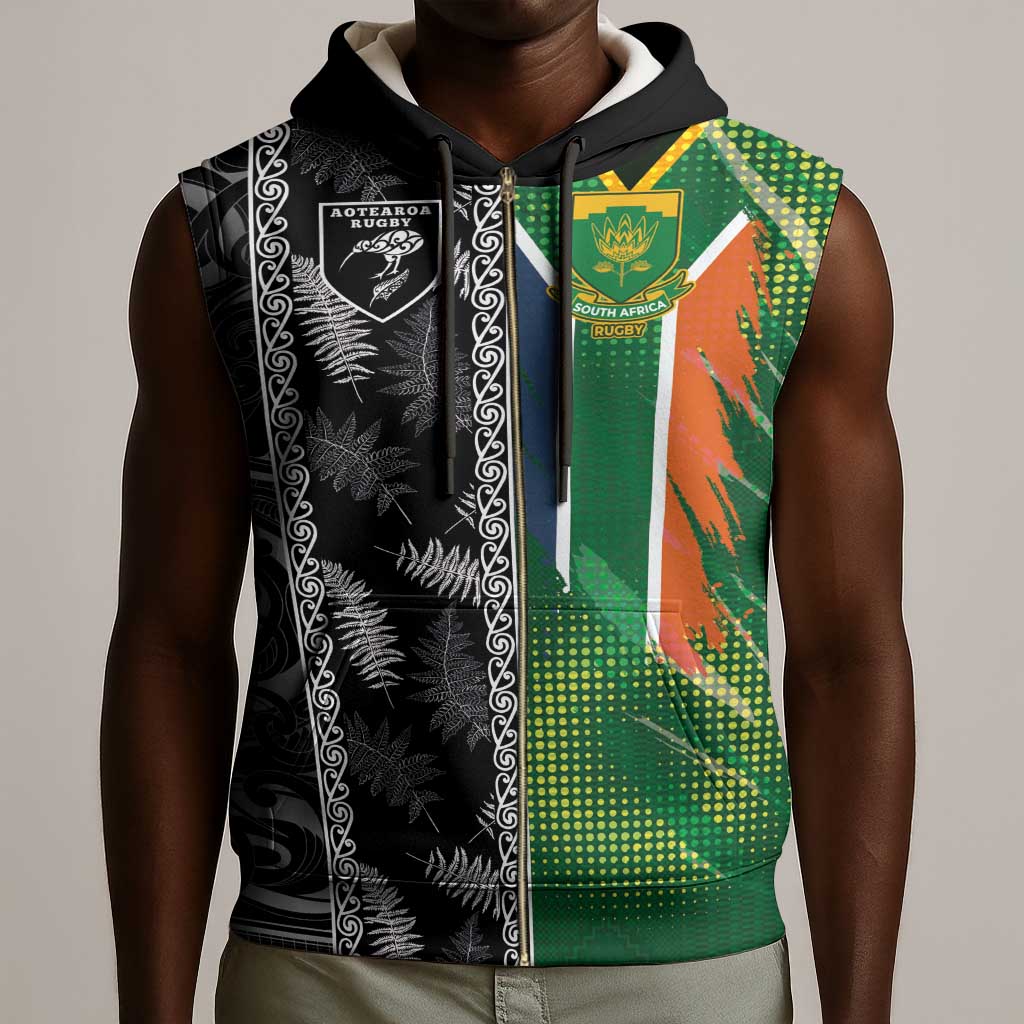 Custom Aotearoa South Africa Rugby Freedom Cup Sleeveless Zip Hoodie Maori Silver Fern Art and Sporty Flag SA - African Pride