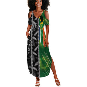 Custom Aotearoa South Africa Rugby Freedom Cup Summer Maxi Dress Maori Silver Fern Art and Sporty Flag SA - African Pride