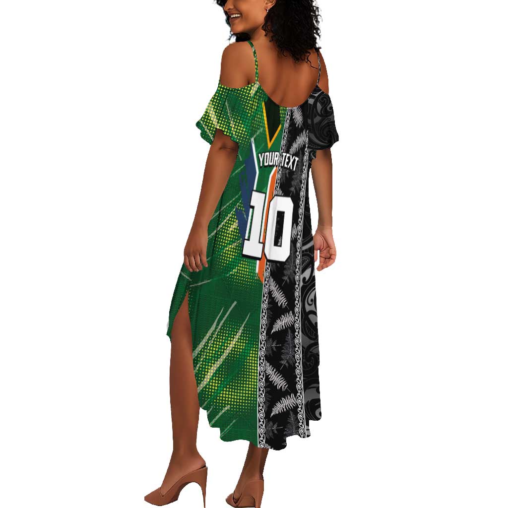 Custom Aotearoa South Africa Rugby Freedom Cup Summer Maxi Dress Maori Silver Fern Art and Sporty Flag SA - African Pride