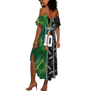 Custom Aotearoa South Africa Rugby Freedom Cup Summer Maxi Dress Maori Silver Fern Art and Sporty Flag SA - African Pride