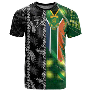 Custom Aotearoa South Africa Rugby Freedom Cup T shirt Maori Silver Fern Art and Sporty Flag SA - African Pride