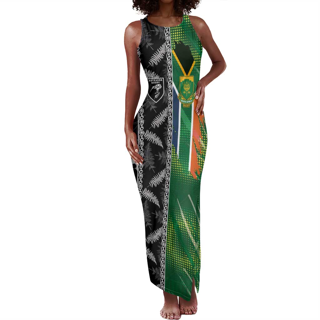 Custom Aotearoa South Africa Rugby Freedom Cup Tank Maxi Dress Maori Silver Fern Art and Sporty Flag SA - African Pride