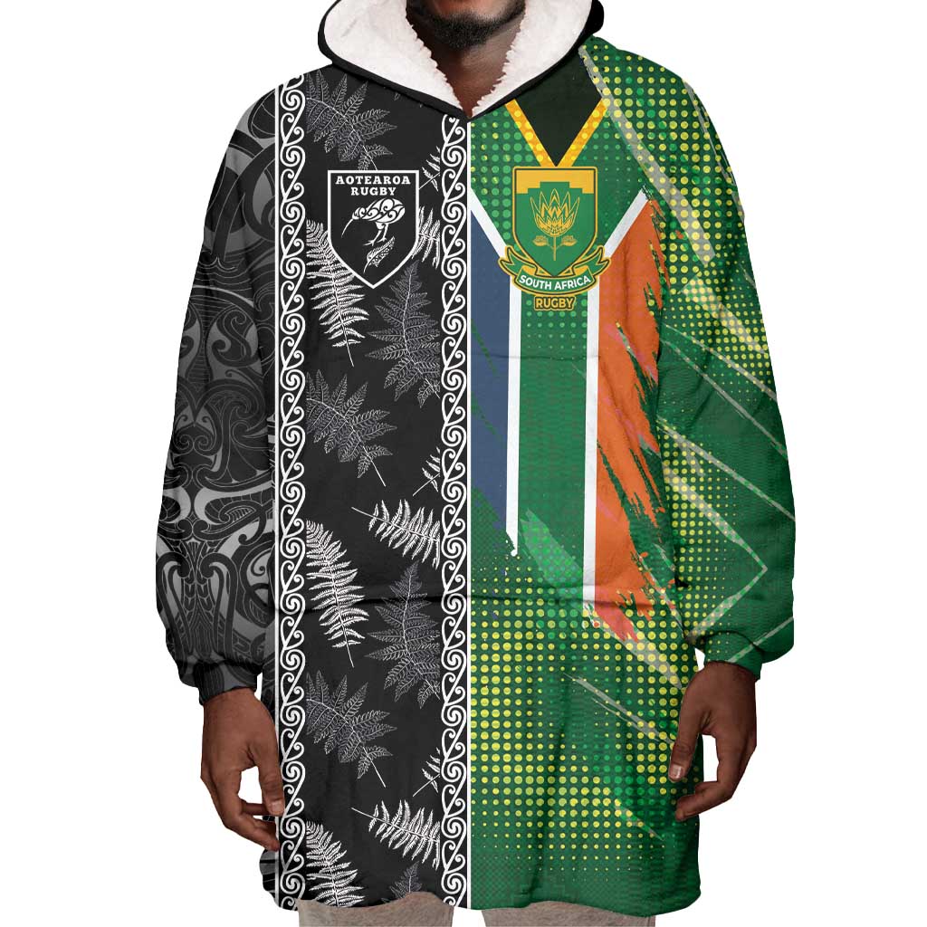Custom Aotearoa South Africa Rugby Freedom Cup Wearable Blanket Hoodie Maori Silver Fern Art and Sporty Flag SA - African Pride