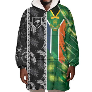 Custom Aotearoa South Africa Rugby Freedom Cup Wearable Blanket Hoodie Maori Silver Fern Art and Sporty Flag SA - African Pride