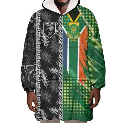 Custom Aotearoa South Africa Rugby Freedom Cup Wearable Blanket Hoodie Maori Silver Fern Art and Sporty Flag SA - African Pride