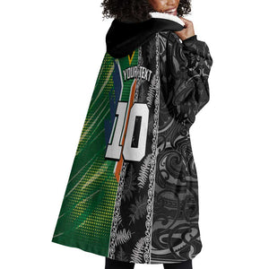 Custom Aotearoa South Africa Rugby Freedom Cup Wearable Blanket Hoodie Maori Silver Fern Art and Sporty Flag SA - African Pride