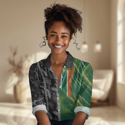 Custom Aotearoa South Africa Rugby Freedom Cup Women Casual Shirt Maori Silver Fern Art and Sporty Flag SA - African Pride