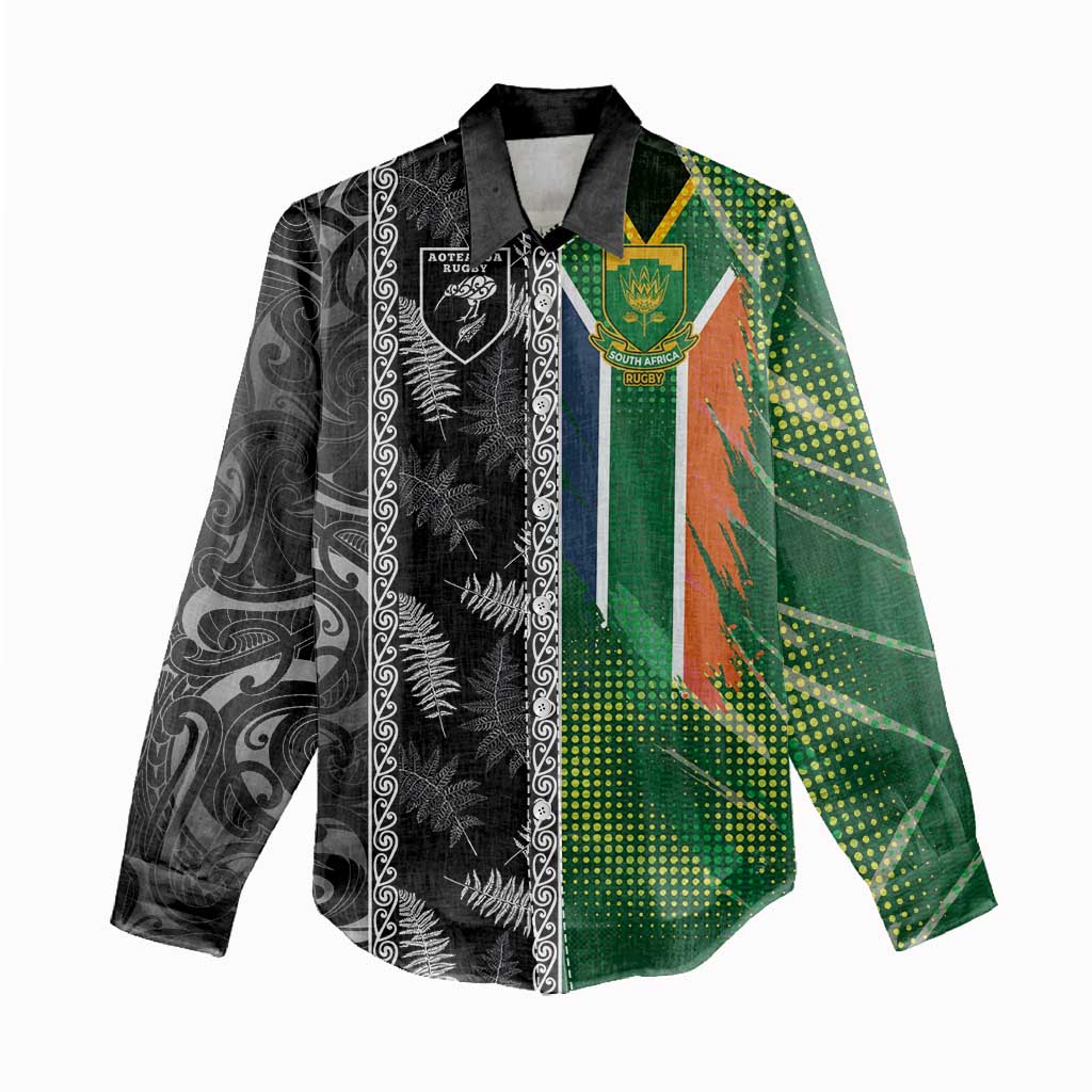 Custom Aotearoa South Africa Rugby Freedom Cup Women Casual Shirt Maori Silver Fern Art and Sporty Flag SA - African Pride