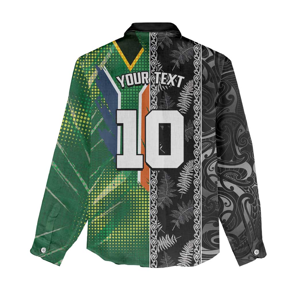Custom Aotearoa South Africa Rugby Freedom Cup Women Casual Shirt Maori Silver Fern Art and Sporty Flag SA - African Pride