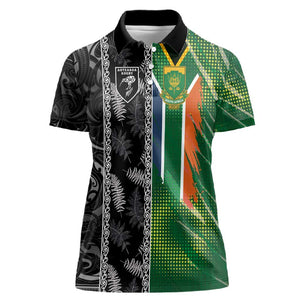 Custom Aotearoa South Africa Rugby Freedom Cup Women Polo Shirt Maori Silver Fern Art and Sporty Flag SA - African Pride