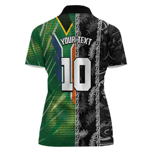 Custom Aotearoa South Africa Rugby Freedom Cup Women Polo Shirt Maori Silver Fern Art and Sporty Flag SA - African Pride
