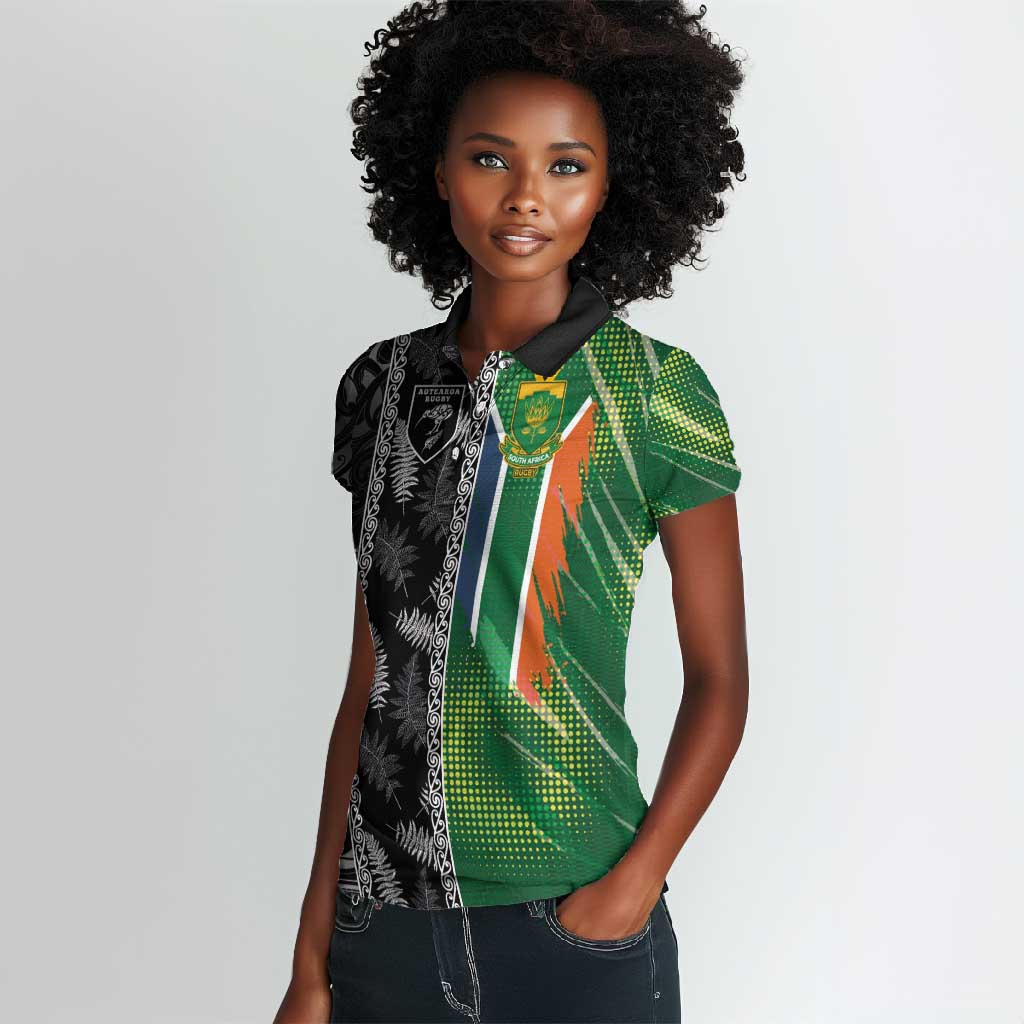 Custom Aotearoa South Africa Rugby Freedom Cup Women Polo Shirt Maori Silver Fern Art and Sporty Flag SA - African Pride