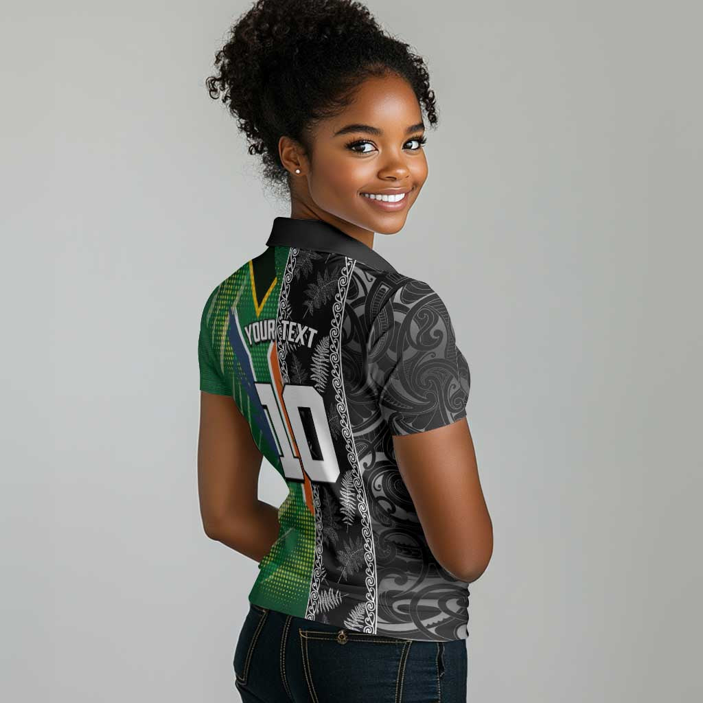 Custom Aotearoa South Africa Rugby Freedom Cup Women Polo Shirt Maori Silver Fern Art and Sporty Flag SA - African Pride