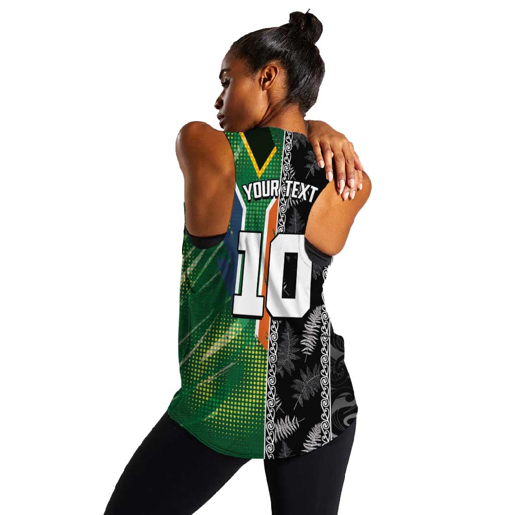 Custom Aotearoa South Africa Rugby Freedom Cup Women Racerback Tank Maori Silver Fern Art and Sporty Flag SA - African Pride