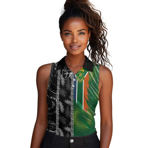 Custom Aotearoa South Africa Rugby Freedom Cup Women Sleeveless Polo Shirt Maori Silver Fern Art and Sporty Flag SA - African Pride