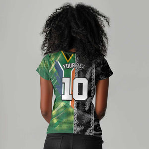 Custom Aotearoa South Africa Rugby Freedom Cup Women V-Neck T-Shirt Maori Silver Fern Art and Sporty Flag SA - African Pride