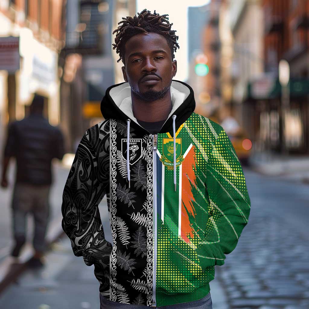 Custom Aotearoa South Africa Rugby Freedom Cup Zip Hoodie Maori Silver Fern Art and Sporty Flag SA - African Pride