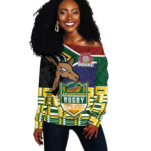 South Africa Rugby Off Shoulder Sweater Go Bokke-Amabokoboko Spirit - African Pride
