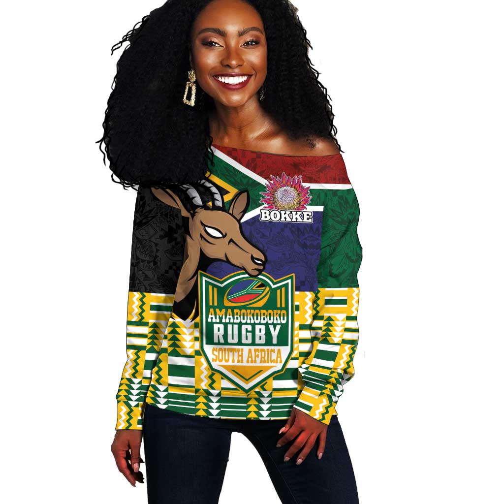 South Africa Rugby Off Shoulder Sweater Go Bokke-Amabokoboko Spirit - African Pride