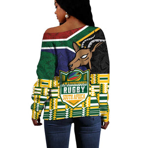 South Africa Rugby Off Shoulder Sweater Go Bokke-Amabokoboko Spirit - African Pride