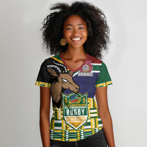 South Africa Rugby Women V-Neck T-Shirt Go Bokke-Amabokoboko Spirit - African Pride