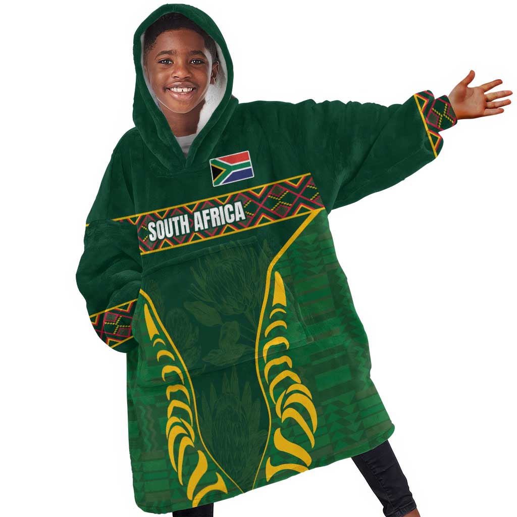Custom South Africa Rugby Kid Wearable Blanket Hoodie Springboks Spirit and King Protea