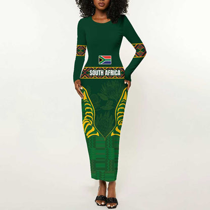 Custom South Africa Rugby Long Sleeve Bodycon Dress Springboks Spirit and King Protea LT03
