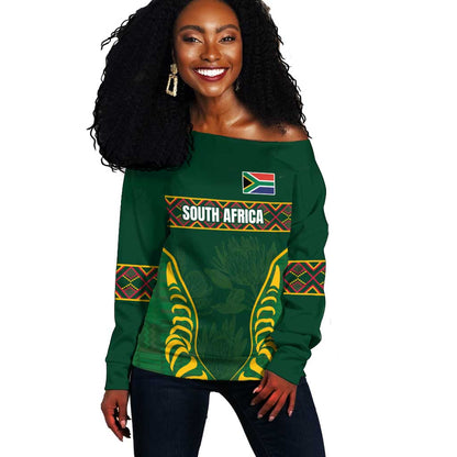 Custom South Africa Rugby Off Shoulder Sweater Springboks Spirit and King Protea
