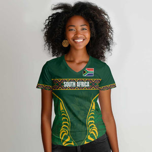 Custom South Africa Rugby Women V-Neck T-Shirt Springboks Spirit and King Protea