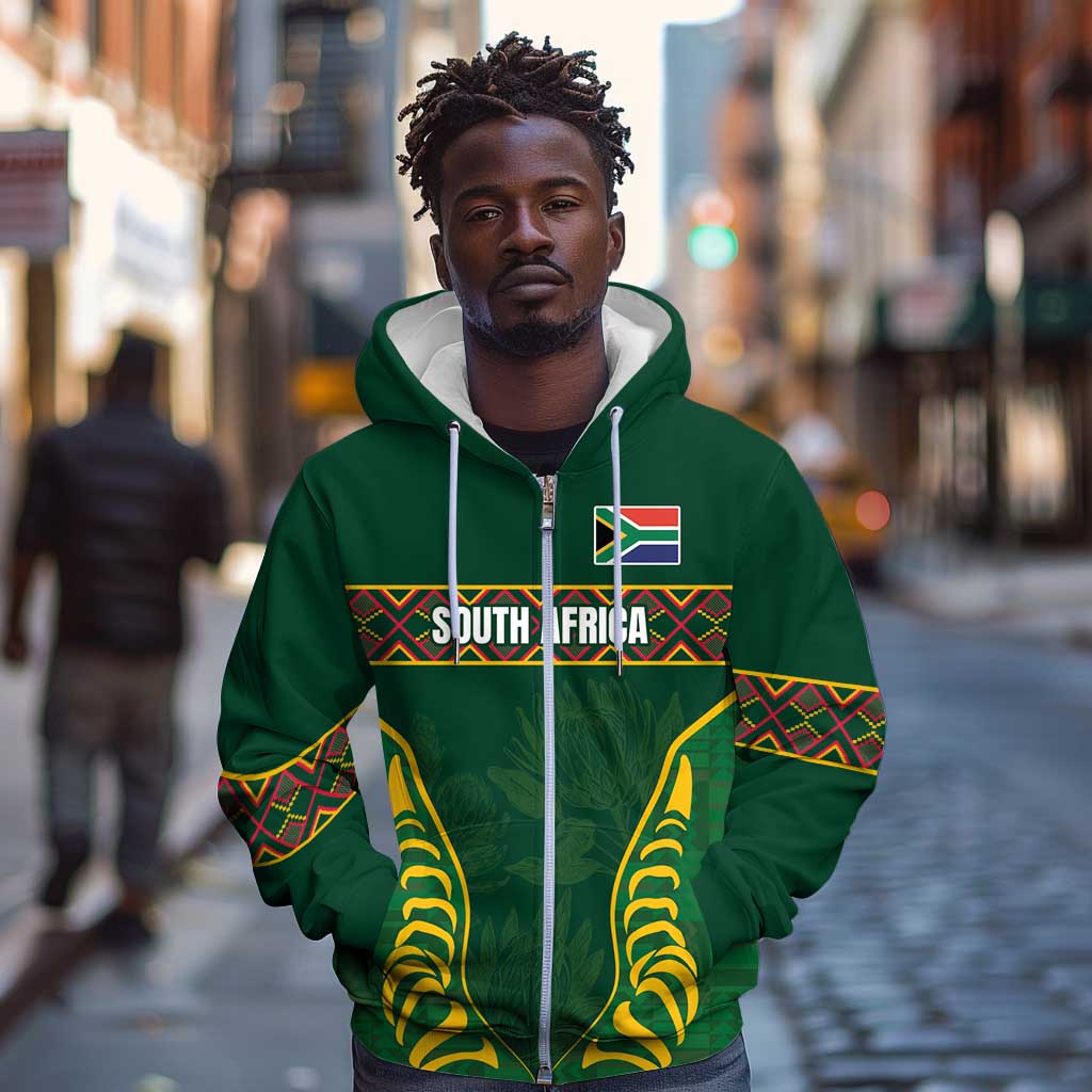 Custom South Africa Rugby Zip Hoodie Springboks Spirit and King Protea