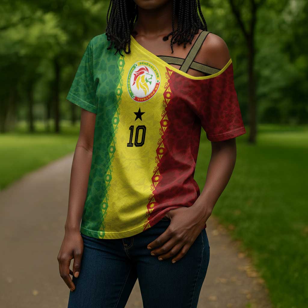 Custom Senegal National Football Cross Shoulder Shirt Lions Of Teranga Leopard Print Tribal Flag Graphic