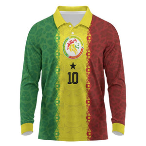 Custom Senegal National Football Long Sleeve Polo Shirt Lions Of Teranga Leopard Print Tribal Flag Graphic