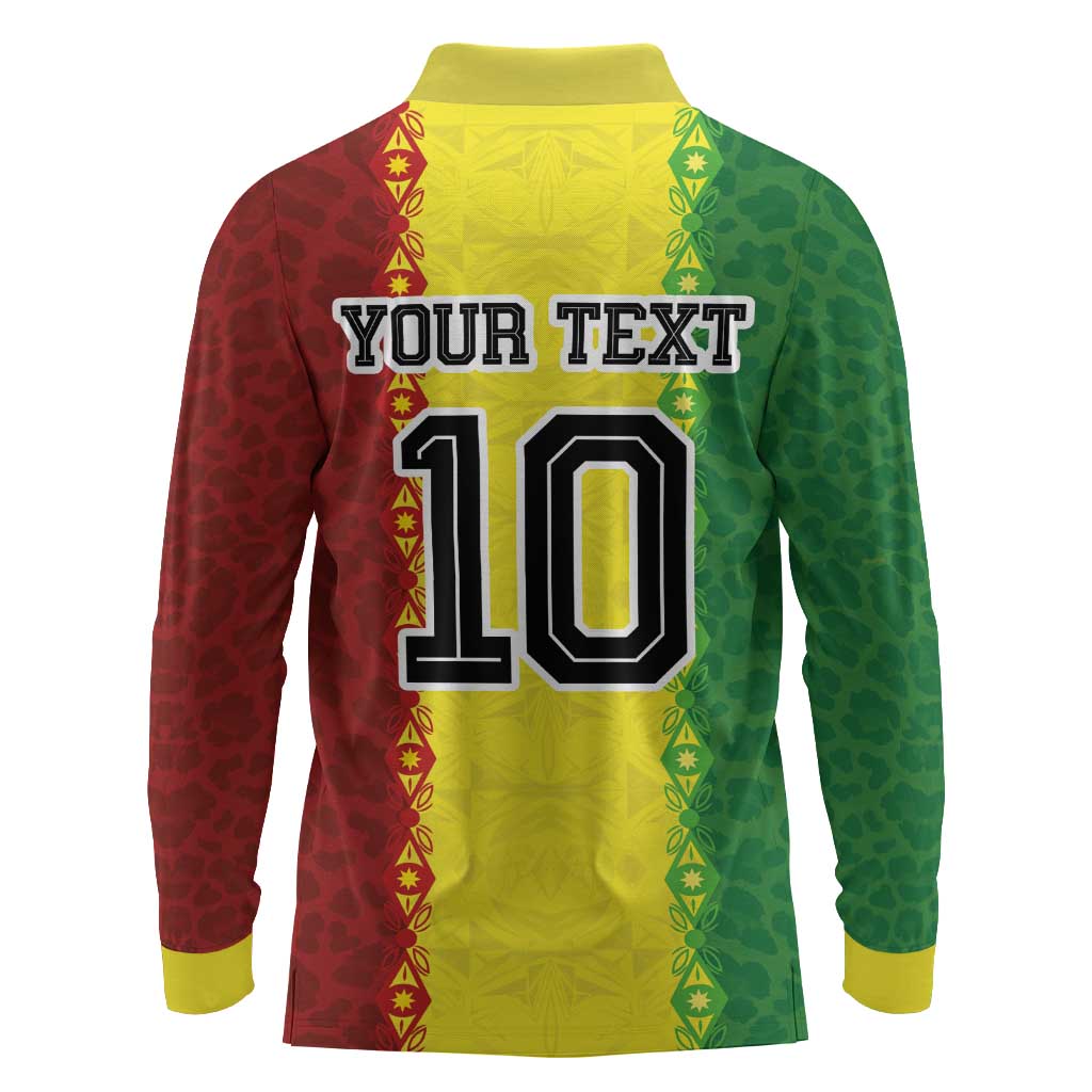 Custom Senegal National Football Long Sleeve Polo Shirt Lions Of Teranga Leopard Print Tribal Flag Graphic