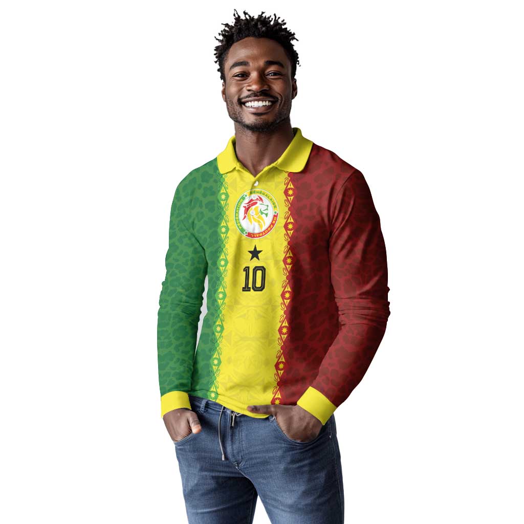 Custom Senegal National Football Long Sleeve Polo Shirt Lions Of Teranga Leopard Print Tribal Flag Graphic