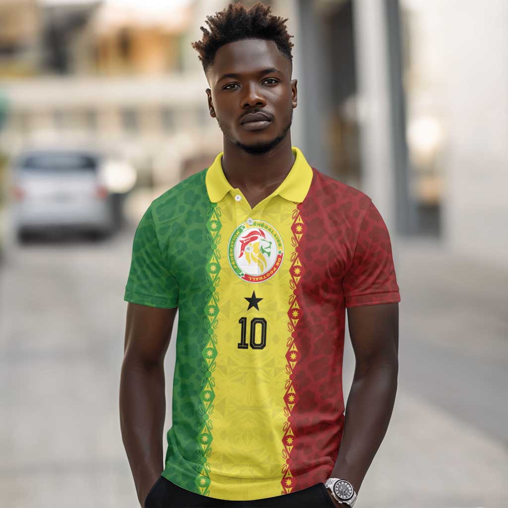 Custom Senegal National Football Polo Shirt Lions Of Teranga Leopard Print Tribal Flag Graphic