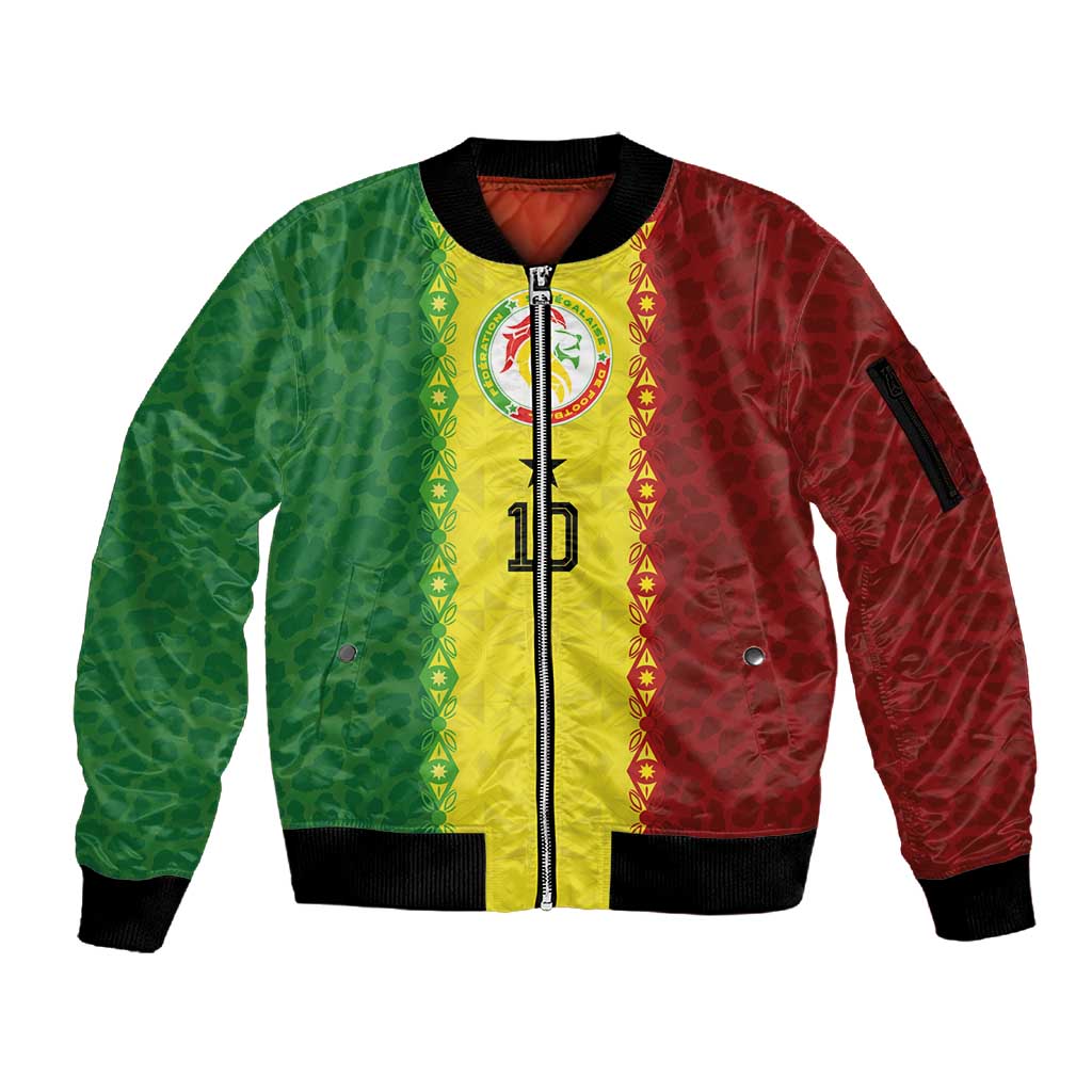Custom Senegal National Football Sleeve Zip Bomber Jacket Lions Of Teranga Leopard Print Tribal Flag Graphic