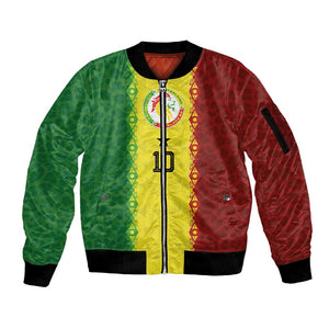 Custom Senegal National Football Sleeve Zip Bomber Jacket Lions Of Teranga Leopard Print Tribal Flag Graphic