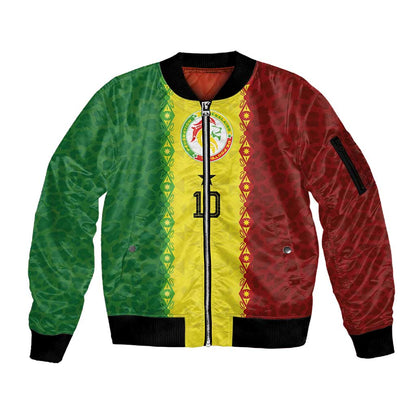 Custom Senegal National Football Sleeve Zip Bomber Jacket Lions Of Teranga Leopard Print Tribal Flag Graphic