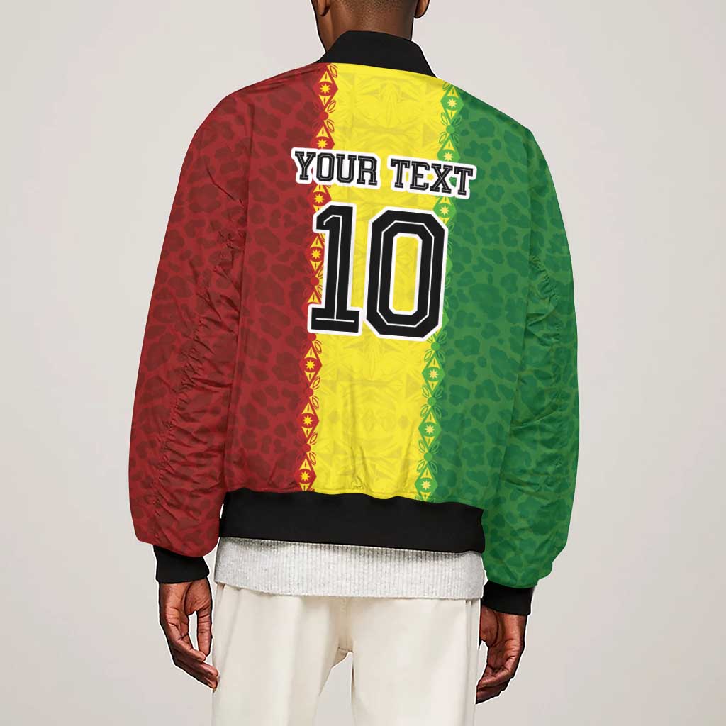 Custom Senegal National Football Sleeve Zip Bomber Jacket Lions Of Teranga Leopard Print Tribal Flag Graphic