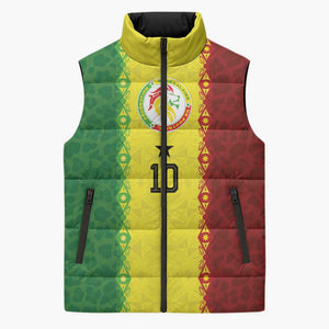 Custom Senegal National Football Sleeveless Puffer Jacket Lions Of Teranga Leopard Print Tribal Flag Graphic