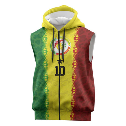 Custom Senegal National Football Sleeveless Zip Hoodie Lions Of Teranga Leopard Print Tribal Flag Graphic
