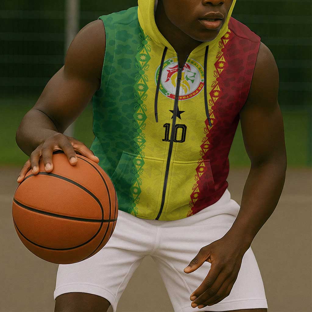 Custom Senegal National Football Sleeveless Zip Hoodie Lions Of Teranga Leopard Print Tribal Flag Graphic
