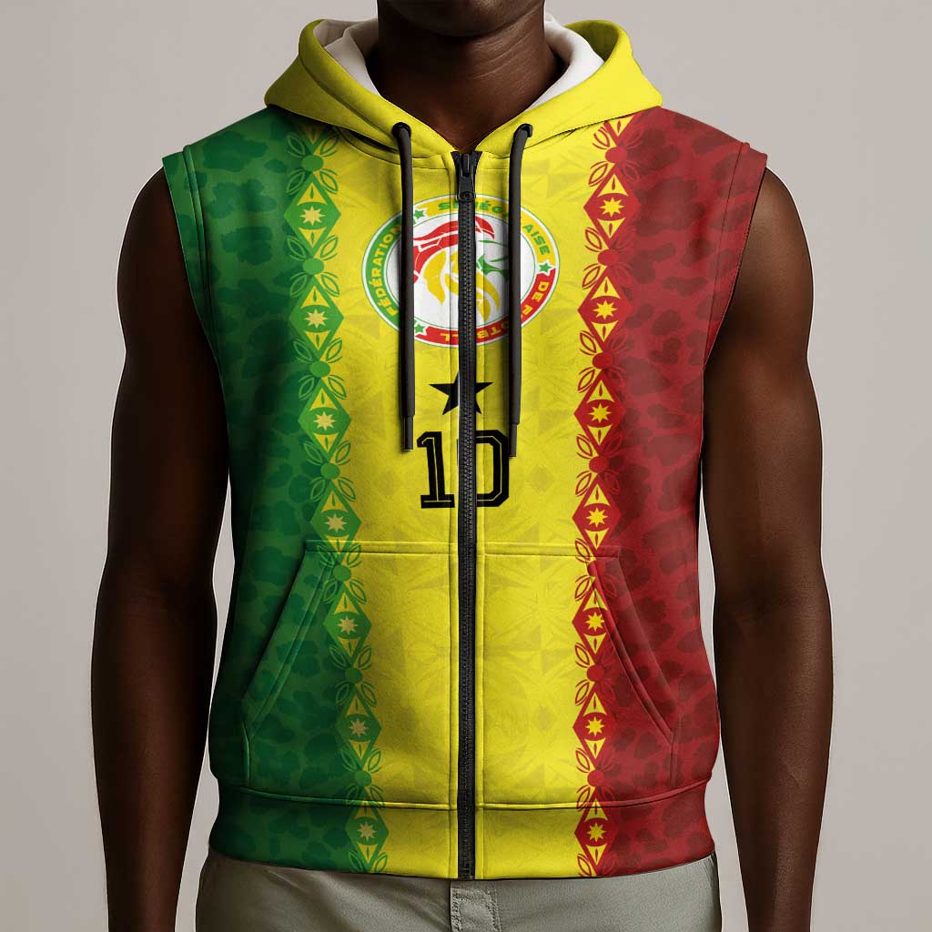 Custom Senegal National Football Sleeveless Zip Hoodie Lions Of Teranga Leopard Print Tribal Flag Graphic