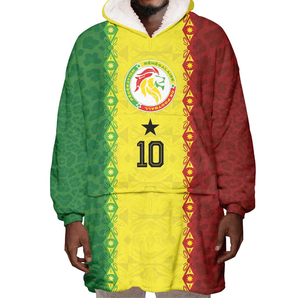 Custom Senegal National Football Wearable Blanket Hoodie Lions Of Teranga Leopard Print Tribal Flag Graphic