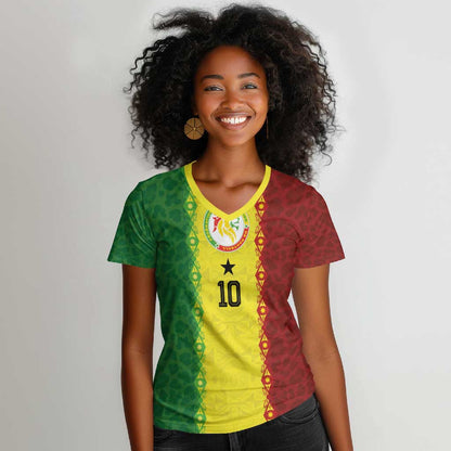 Custom Senegal National Football Women V-Neck T-Shirt Lions Of Teranga Leopard Print Tribal Flag Graphic